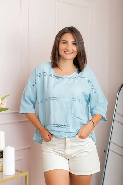 Bluza dama din bumbac Louise cu perforatii si buzunar - Bleu