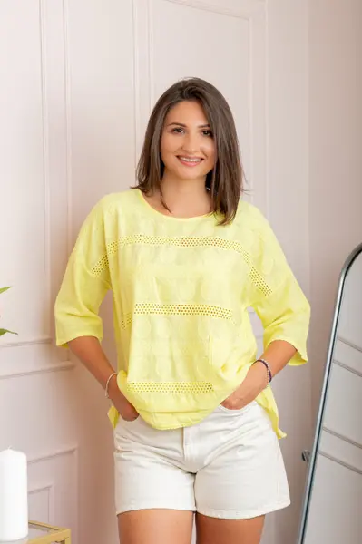 Bluza dama din bumbac Louise cu perforatii si buzunar - Galben