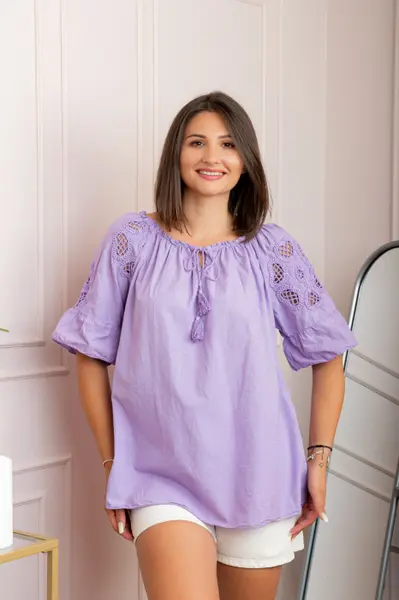 Bluza dama din bumbac Myra cu perforatii florale - Lila