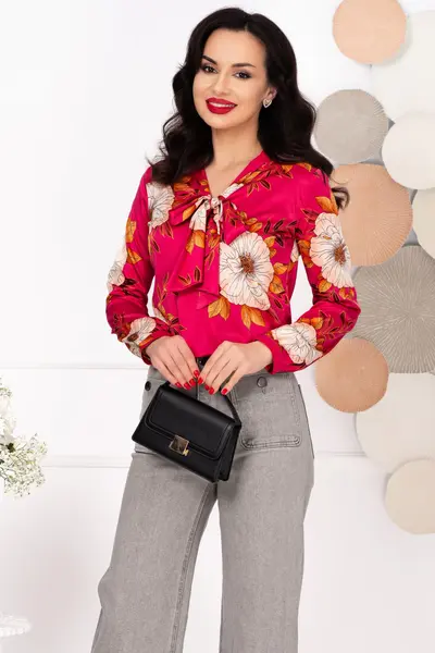 Bluza dama eleganta cu imprimeu floral si guler esarfa