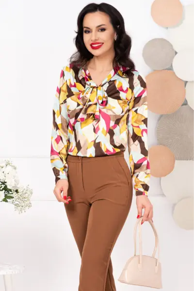 Bluza dama eleganta cu imprimeu tip pictura si guler esarfa