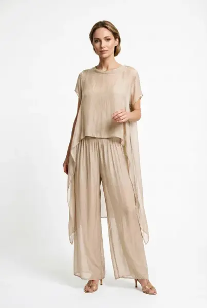 Bluza dama eleganta din matase si vascoza, asimetrica, vaporoasa, bej