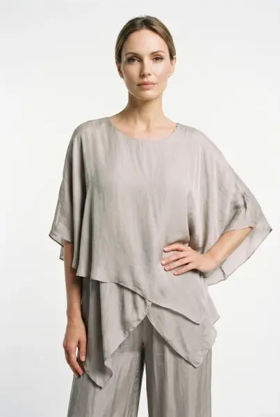 Bluza dama eleganta din matase si vascoza, asimetrica, vaporoasa, grej