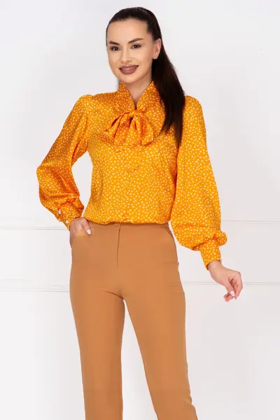 Bluza dama eleganta galbena cu buline si guler tip esarfa