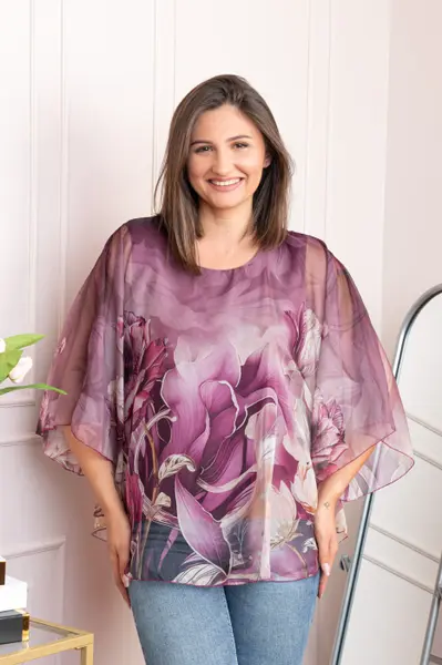 Bluza dama eleganta Shirley mov pruna din voal cu imprimeu floral