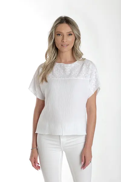 Bluza dantela brodata CV24058 alb, Cesy | marimea S