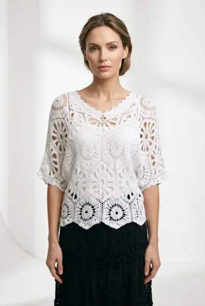 Bluza de vara cu broderie din bumbac, croi lejer, alba