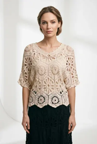 Bluza de vara cu broderie din bumbac, croi lejer, bej