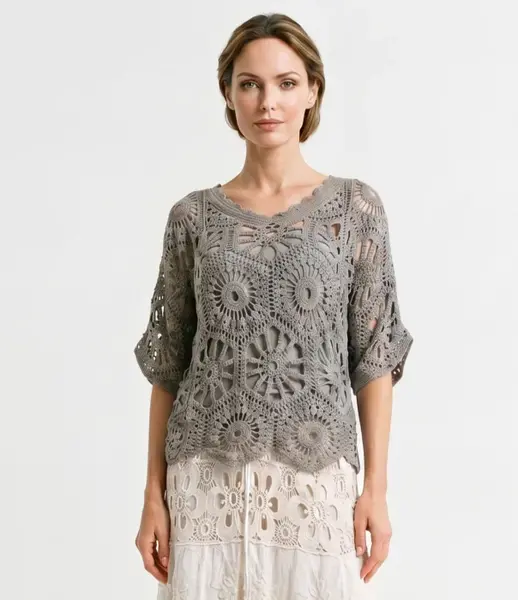 Bluza de vara cu broderie din bumbac, croi lejer, bej inchis