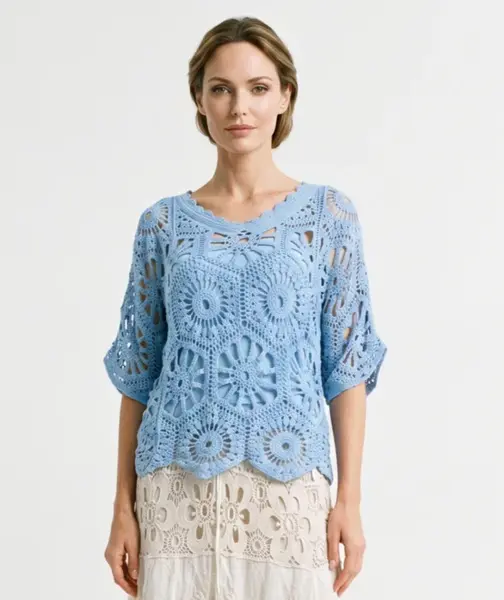 Bluza de vara cu broderie din bumbac, croi lejer, bleu