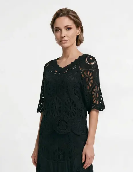Bluza de vara cu broderie din bumbac, croi lejer, neagra