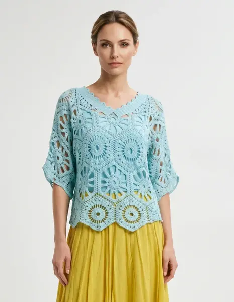 Bluza de vara cu broderie din bumbac, croi lejer, verde menta