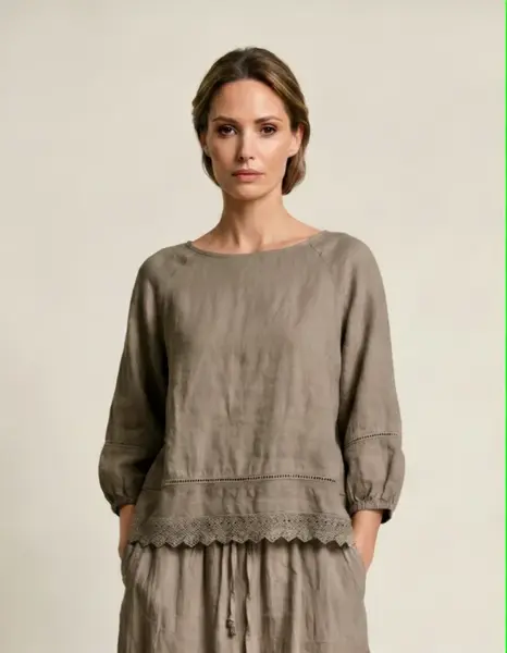 Bluza din in cu dantela, croi lejer, stil natural elegant, bej inchis