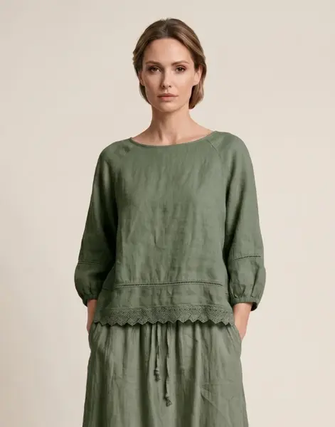 Bluza din in cu dantela, croi lejer, stil natural elegant, kaki