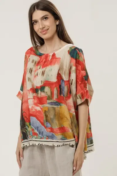 Bluza din in cu imprimeu artistic si croi lejer, predominant rosu