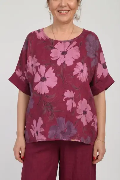 Bluza din in cu imprimeu floral pastelat si croi relaxat, bordo