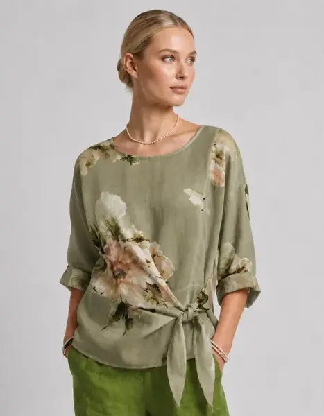 Bluza din in cu imprimeu floral watercolor si prindere laterala, fond kaki