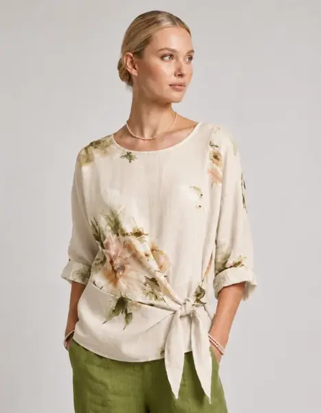 Bluza din in cu imprimeu floral watercolor si prindere laterala, fond bej