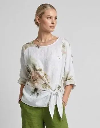 Bluza din in cu imprimeu floral watercolor si prindere laterala, fond alb