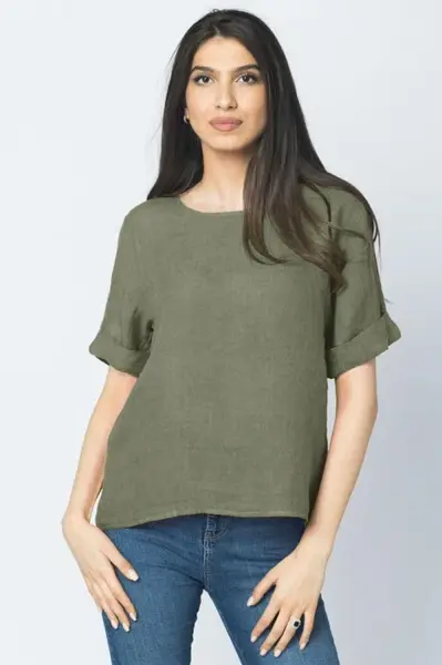 Bluza din in kaki dechis cu nasturi pe spate