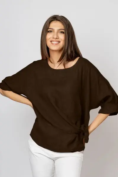 Bluza din in maro inchis masura mare cu nod pe talie