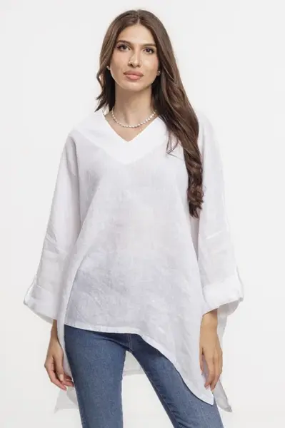 Bluza din in oversize,cu colturi si decolteu in V, alba