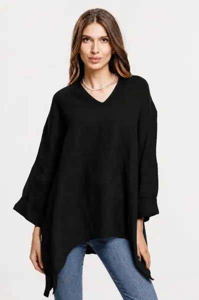 Bluza din in oversize,cu colturi si decolteu in V, negru
