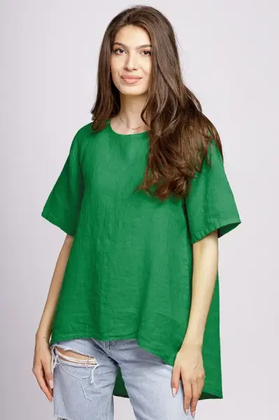 Bluza din in verde, asimetrica, cu nasturi pe spate