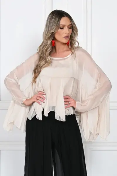 Bluza din matase naturala si vascoza cu volane tip cascada, croi lejer, bej