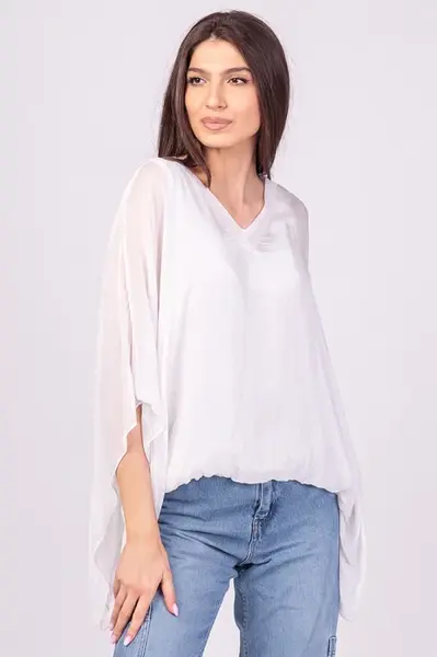 Bluza din matase si vascoza alba, cu decolteu in V in fata si pe spate