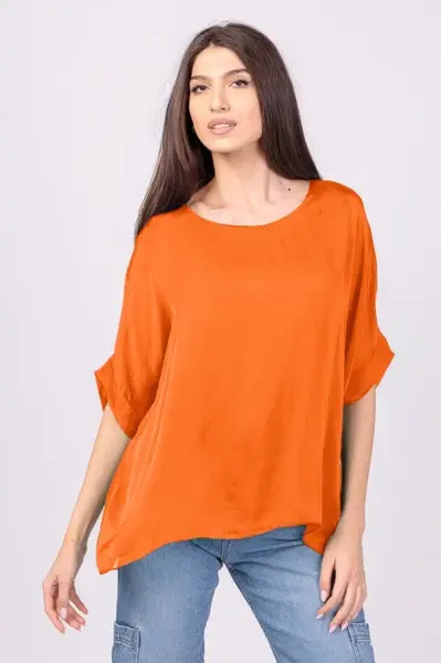 Bluza din matase si vascoza portocalie, cu funda pe spate
