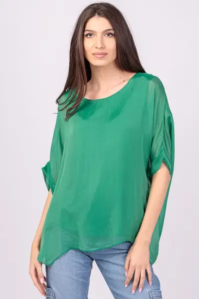 Bluza din matase si vascoza verde, cu funda pe spate