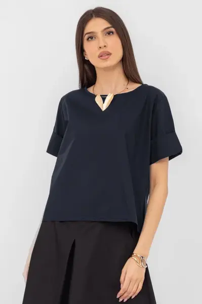 Bluza din poplin de bumbac cu nasturi pe spate, bleumarin