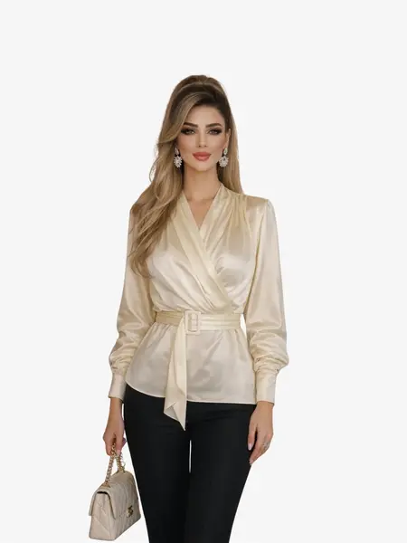 Bluza din Satin si Bumbac "Eveline", Alb Prafuit - M