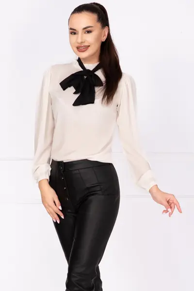 Bluza eleganta alba din voal InPuff cu guler tip esarfa