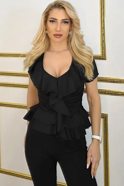 Bluza eleganta ANAISA, cu maneca scurta si volane, Negru, Marime S/M