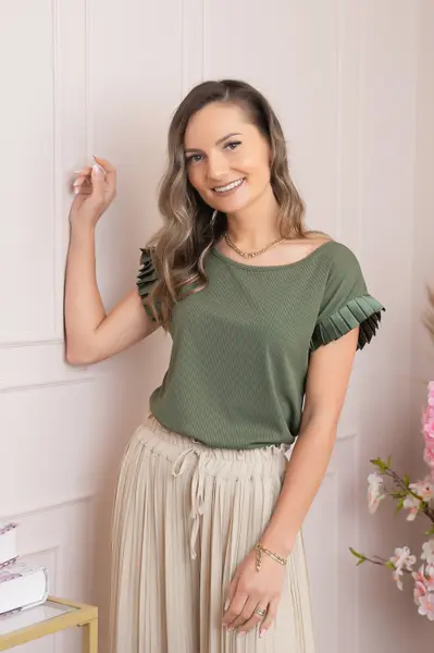 Bluza eleganta Aurora cu maneca scurta cu volane plisate - Kaki