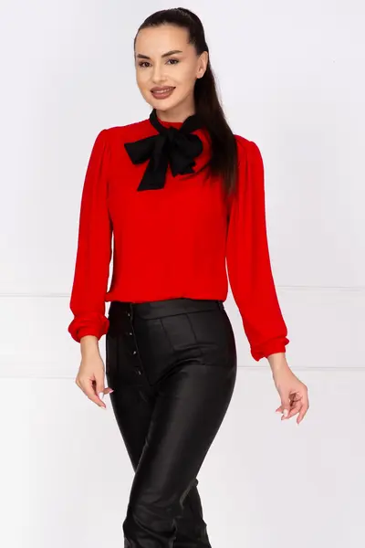 Bluza eleganta rosie din voal InPuff cu guler tip esarfa