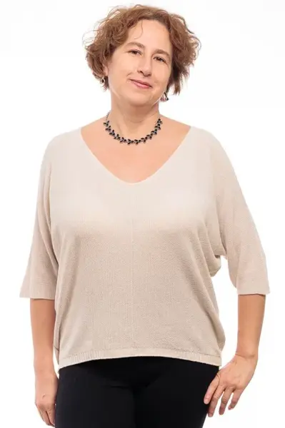 Bluza fin tricotata bob de orez, cu maneca fluture 3 4, bej