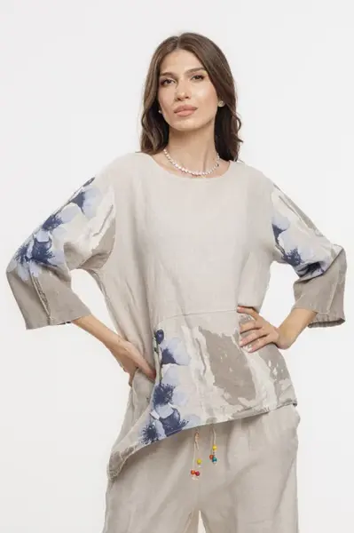Bluza lejera din in bej cu imprimeu floral pictural