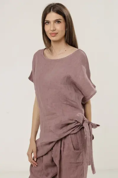 Bluza lunga din in cu colt si funda, roz prafuit inchis