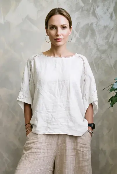Bluza oversize din in cu broderie sparta din bumbac, alba