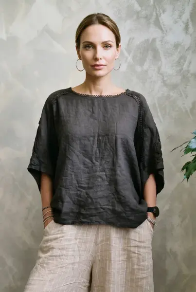Bluza oversize din in cu broderie sparta din bumbac, maro