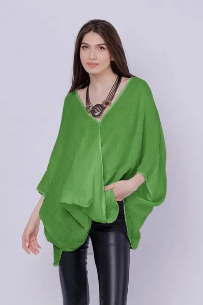 Bluza oversize petrecuta, din in, verde oliv