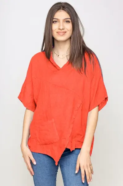 Bluza portocalie asimetrica din in, cu gluga