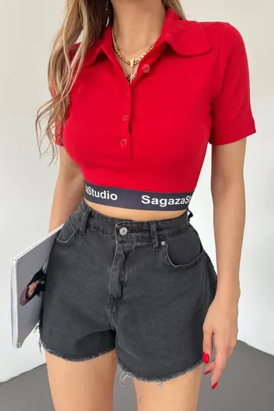 Bluza tip camasa, crop Biro, cu maneca scurta si textura striata, Rosu