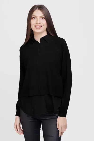 Bluza tip camasa doi in unu, cu angora si tricotajul negru