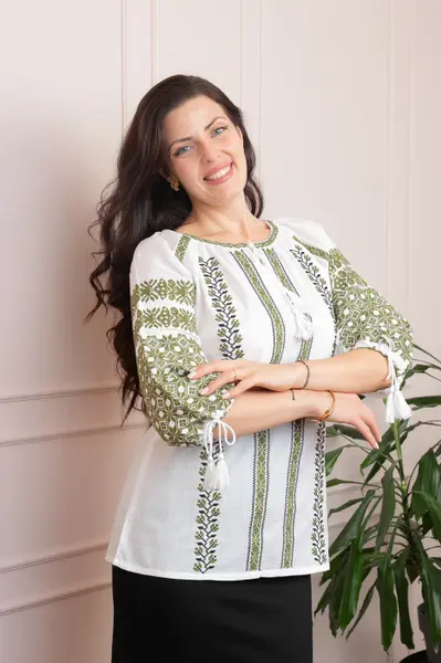 Bluza tip ie alba cu motiv floral verde Isidora
