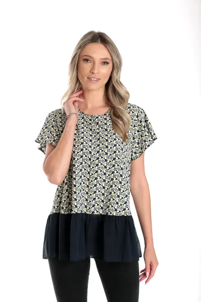 Bluza volan CV24057 bleumarin/galben microimprimeu, Cesy | marimea L