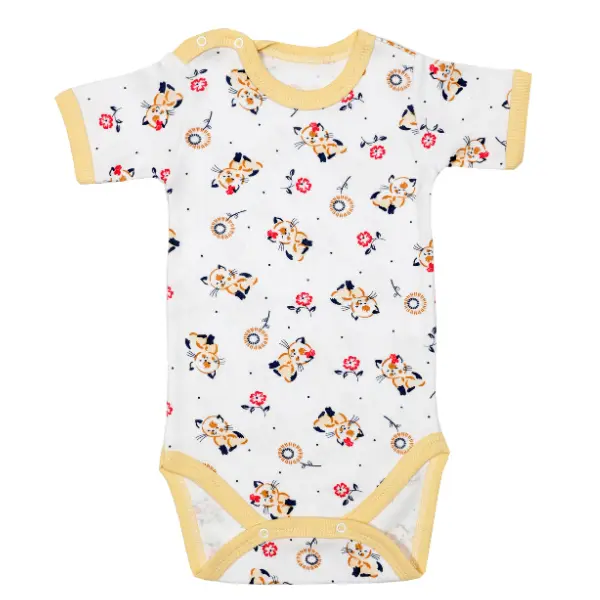 Body 4 capse maneca scurta RB03 alb/imprimeu pisicute, Rombaby | 9/12 luni